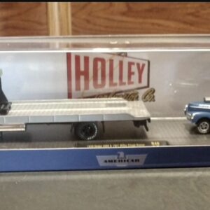 Dodge L600 1970 Flatbed Truck Military Blue con 1941 Willys Coupe Gasser Military Blue "Holley Carburetor Co"