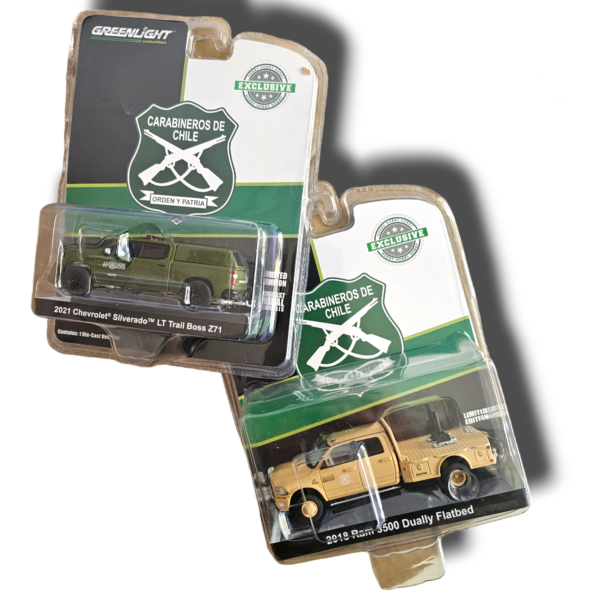 Pack 2 unidades Ram Grua + Chevrolet Silverado GOPE Carabineros de Chile 1:64